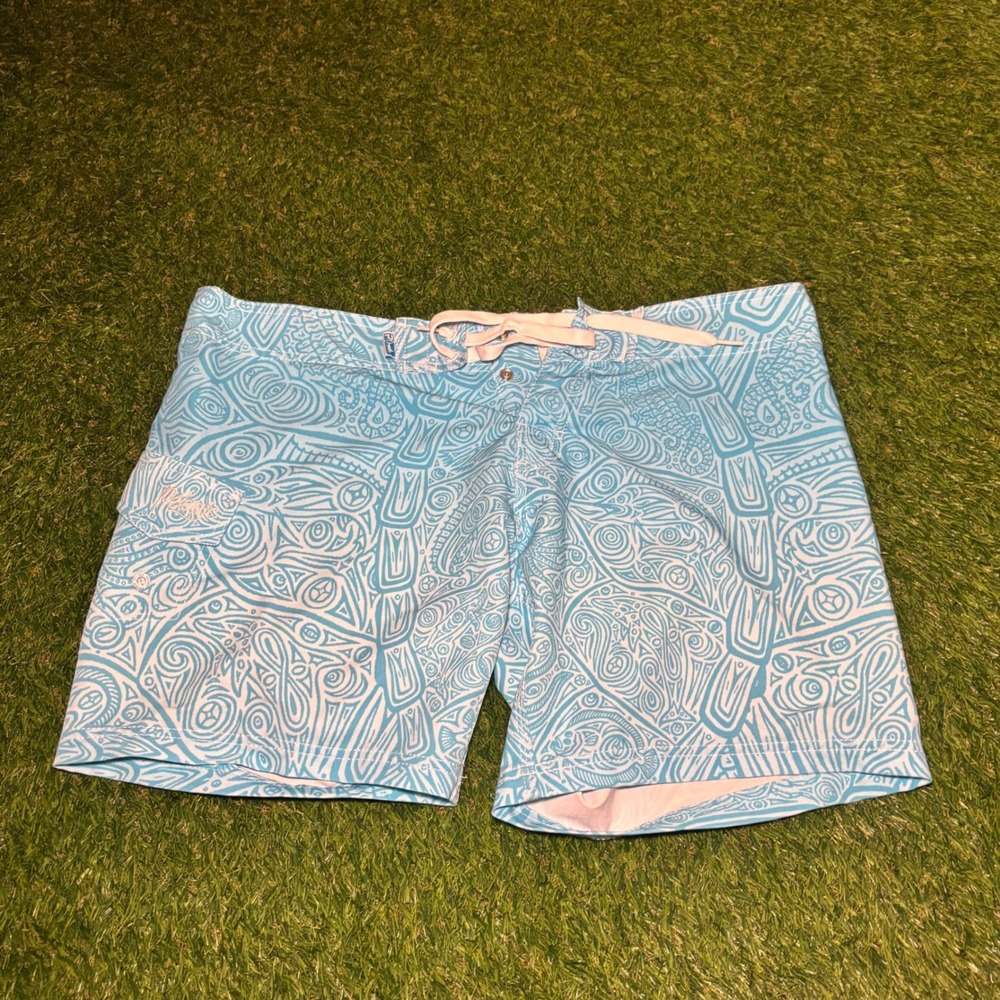 Pelagic Carol Lynne 4TEK Board Shorts Mens Large Blue White Tribal Fishing Swim